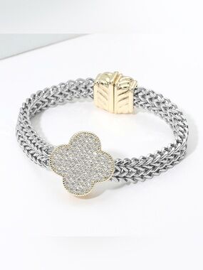 14K Gold Plated Two Tone CZ Pave Quatrefoil Mesh Chain Magnetic Bracelet